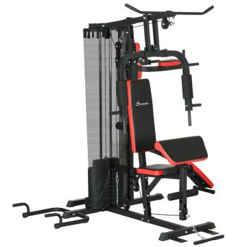 SPORTNOW Statie de Gimnastică pentru Exerciții Multiple cu Stivă de Greutăți, Bancă, Stand de Impingere, Stație de Flotări, 225x175x200 cm, Negru