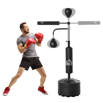 HOMCOM Sac Box de Podea 3 in 1 cu 2 Speedball, Bara Pivotanta pentru Reflexe si Sac de Box, Inaltime Reglabila intre 160-230cm, Negru