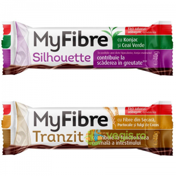Pachet Baton Silhouette cu Konjac si Ceai Verde MyFibre 40g + Baton Tranzit cu Fibre din Secara, Portocale si Fulgi de Cocos MyFibre 40g Pachet Baton Silhouette cu Konjac si Ceai Verde MyFibre 40g + Baton Tranzit cu Fibre din Secara, Portocale si Fulgi de Cocos MyFibre 40g